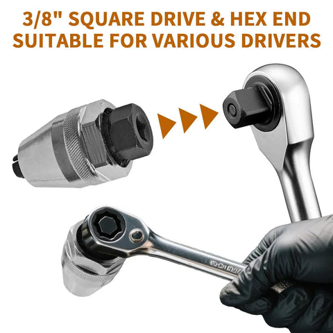 Damaged Bolt And Stud Extractor Tool For Quarter To Half Inch Studs With Three Eighths Inch Drive shown with socket wrench