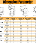 Solid Alloy Grease Nipple Fitting Kit 100 Pieces Sae And Metric Assortment M6 M8 M10 With 1/4 And 1/8 Inch Zinc Plated Rust Proof Seal For Heavy Duty Car Truck Maintenance And Auto Repair Jobs dimensions chart for straight 45° and 90° fittings