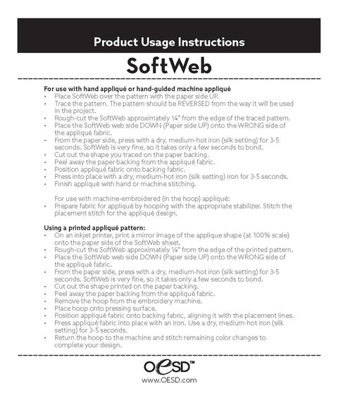 Instruction sheet for Soft Web Fusible Embroidery Backing 8.5 By 10 Inches 10 Sheets No Bulk Keeps Projects Soft Flexible And Quilt Ready Printable For Inkjet Printers.
