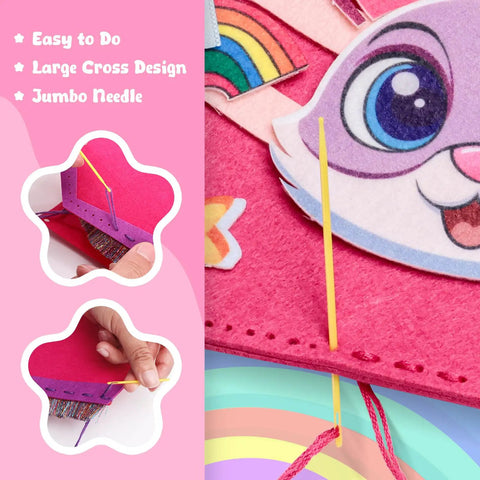Close-up of Kids Beginner Sewing Kit With Felt Projects For 5 And Up 8 Totally Easy DIY Crafts Like Bunny Pillow showing needlework.
