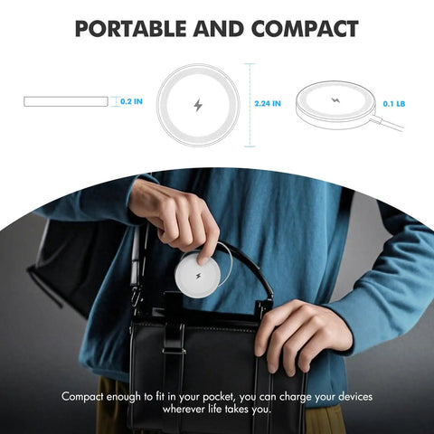 Person holding compact Qi2 fast charging pad from 3 Pack Magnetic Wireless Chargers Set, white, perfect for desk, bedside, travel.