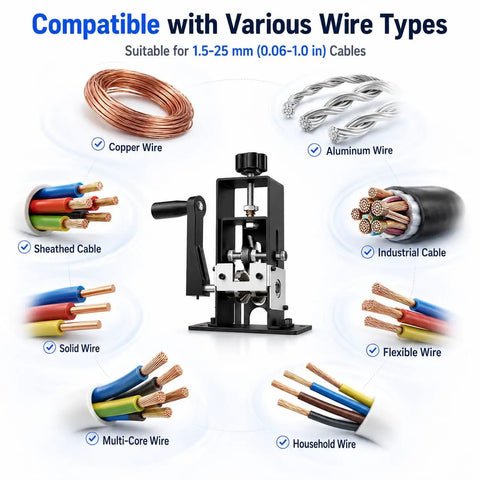 Heavy Duty Wire Stripper Machine For Quick Cable Prepping With Dual Drive Crank Or Drill Mount, compatible with various wire types.