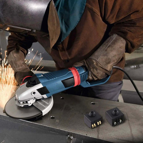 Push Button Switch Replacement Kit For 100mm 4 Inch Angle Grinders And Polishers Durable Plastic And Metal Construction Includes Two Switches For Spare Use Or Dual Tool Setup Easy Install Power Tool Part image showing switches next to a worker using an angle grinder