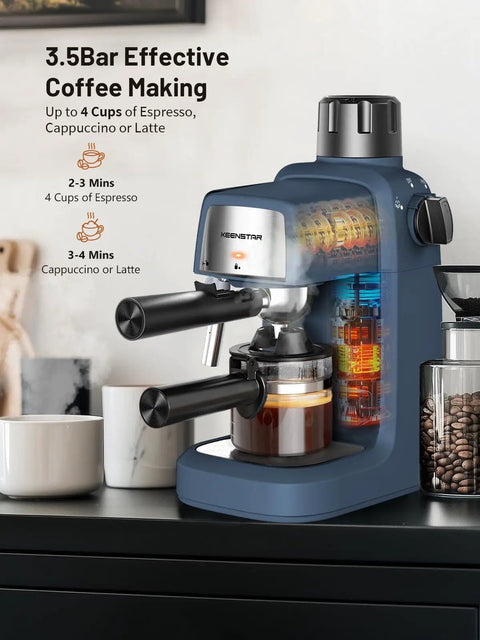 No Fuss Compact Espresso Machine With Fast Milk Frother And Smart Preheat Setup For Hot Lattes And Iced Coffee 800 Watt Power on kitchen countertop.