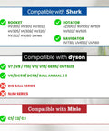 Compatibility chart for Pet Hair Grooming Brush Vacuum Attachment For Vacuum Cleaners with Shark, Dyson, and Miele vacuums.