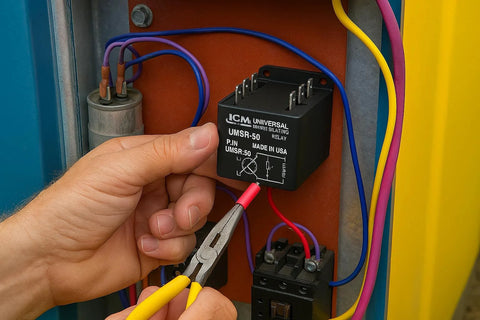 Close-up of ICM UMSR-50 universal motor starting relay in an electrical panel; black rectangular relay with terminal pins and red lead.
