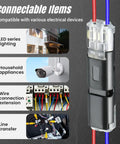 Fast Locking Double Wire Plug In Connector With Locking Buckle For No Tool Splices, shown with LED lights and wiring use.