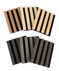 Game Changer Acoustic Wood Slat Wall Panels For Knockout Noise Dampening And Super Modern Room Refresh featuring six texture swatches.