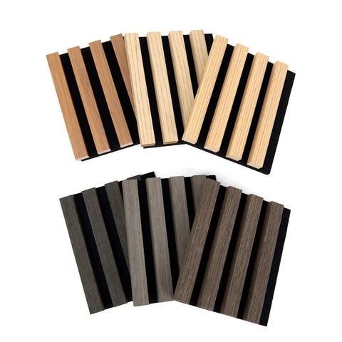Game Changer Acoustic Wood Slat Wall Panels For Knockout Noise Dampening And Super Modern Room Refresh featuring six texture swatches.