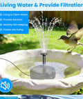 7W Solar Fountain Pump With 3600mAh Battery Backup And 8 Nozzles in action in a bird bath, providing clear and aerated water.