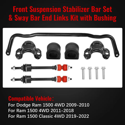 Ram 1500 Front Suspension Stabilizer Bar Set With Sway Bar End Links And Bushings For 2009 To 2018 Dodge Ram And 2019 To 2022 Ram 1500 Classic Replaces K80894 55398938AC AB, black steel kit with links, bushings, and bolts