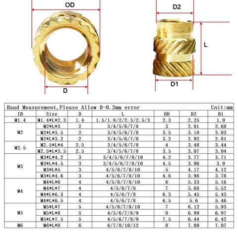 Heat Set Brass Insert Nut Kit M2 M8 For 3D Printing And Laptop Repair, brass insert dimensions chart