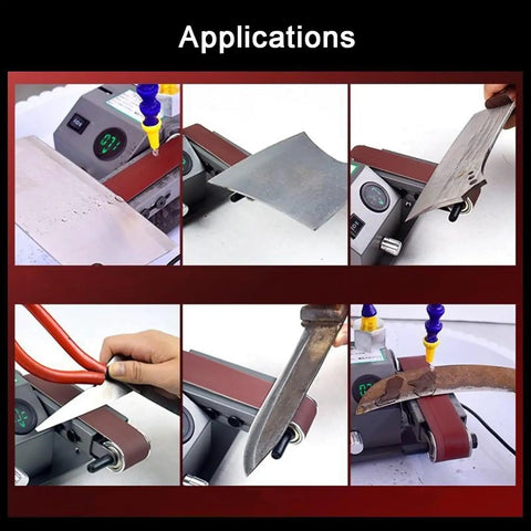 GFJYKDL 350W Wet Dry Belt Sander Electric Knife Sharpener With Polishing Blade Adjustable Multi Function Grinder Machine For Small Tools And Scissors Cool Mist Reduces Heat And Dust Perfect For DIY Projects, showcasing various uses including knife sharpening and tool grinding.