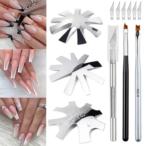 All In One French Nail Tip Cutter Kit With 3 Deep Smile Line Cutters 2 French Acrylic Brushes 1 Cutting Knife 5 Spare Blades