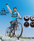 Man with bicycle next to 8 Ball Pool Style Tire Valve Stem Caps 4 Pack Universal Copper Core Dustproof Caps Black ABS