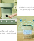 Ridiculously Compact Ten Liter Foldable Mini Washing Machine Featuring Three Auto Wash Cycles Ultrasonic Deep Cleaning And Blue Light Sterilization shown in a green color, highlighting user interface and blue light function.