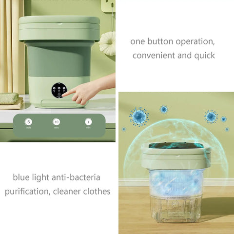Ridiculously Compact Ten Liter Foldable Mini Washing Machine Featuring Three Auto Wash Cycles Ultrasonic Deep Cleaning And Blue Light Sterilization shown in a green color, highlighting user interface and blue light function.