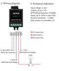 Wiring diagram and specs for 12V Wireless Remote Control Relay Switch With 10A Output, Long Range 328ft, Dry Contact.