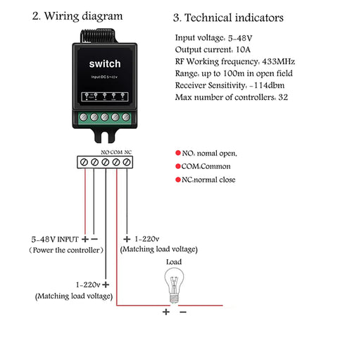 Wiring diagram and specs for 12V Wireless Remote Control Relay Switch With 10A Output, Long Range 328ft, Dry Contact.