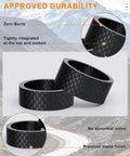 Close-up of carbon fiber headset spacers with matte finish for six sizes half one three five ten fifteen mm, on road bike stems.