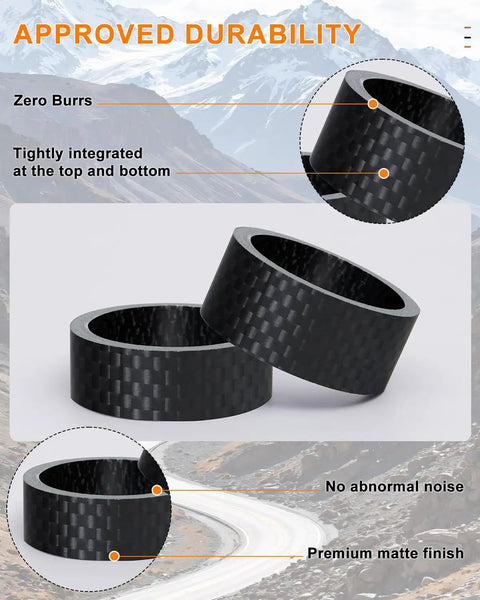 Close-up of carbon fiber headset spacers with matte finish for six sizes half one three five ten fifteen mm, on road bike stems.