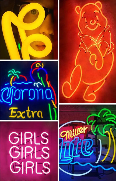 Various real glass neon signs powered by Lichtenberg Wood Burning Transformer 10kV 30mA Neon Sign Power Supply For Fractal Burning.