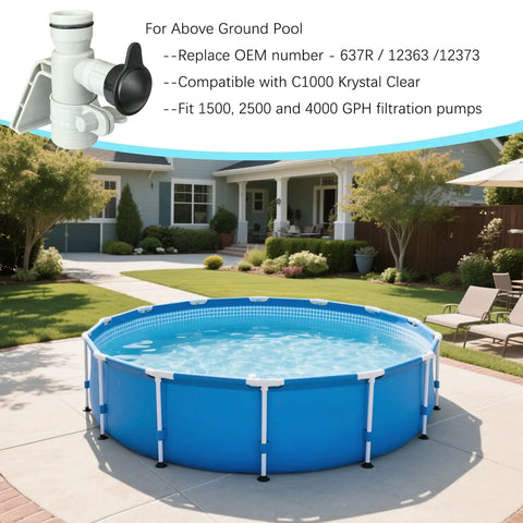 Above ground pool with pipe holder and air jet valve cap, compatible with C1000 valves, black cap, 1500-4000 GPH pumps.