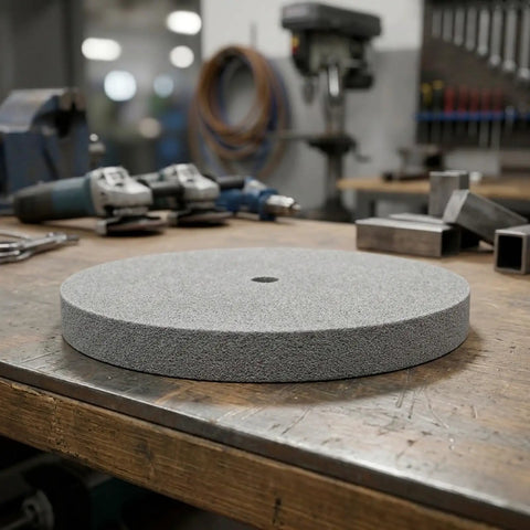10 Inch Nylon Fiber Deburring Wheel for Grinders and Buffing Machines, 180 Grit Cup Abrasive Disk, 16mm Arbor on a workbench