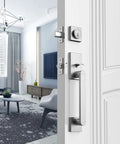 Built To Last Heavy Duty Front Door Handle Set with Single Cylinder Deadbolt and Reversible Lever, Satin Nickel finish on open door.