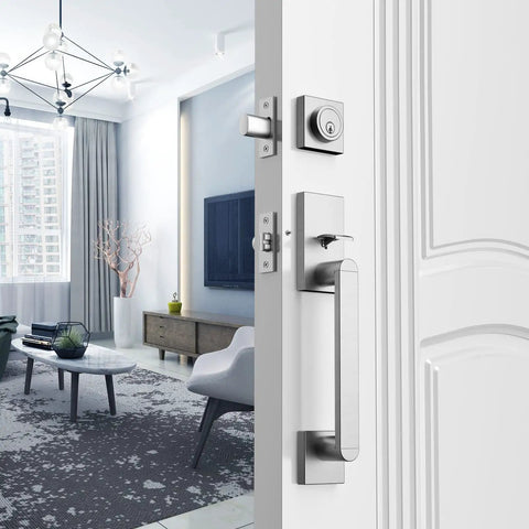 Built To Last Heavy Duty Front Door Handle Set with Single Cylinder Deadbolt and Reversible Lever, Satin Nickel finish on open door.