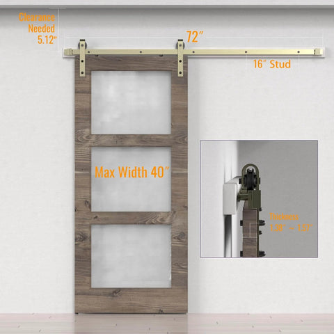 Brass Sliding Barn Door Hardware Kit In Brushed Gold Finish with 72 inch track installed on interior door, max width 40 inches