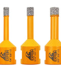 Front view of EXFEIN diamond core drill bits for tile; three orange bits labeled 1/4", 5/16", 3/8" with carbide tips