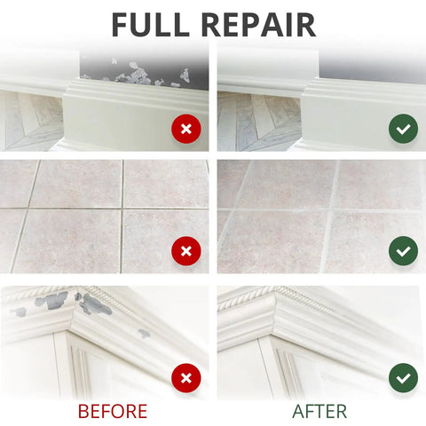 Before and after image showing the effectiveness of Heavy Duty Refillable Touch Up Paint Pen Set in fixing wall scuffs and furniture scratches.