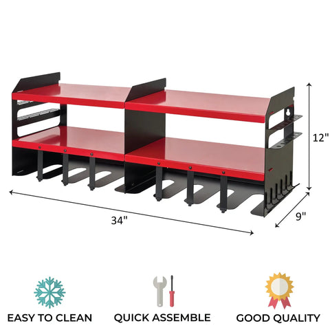 Cordless Drill Charging Station With Eight Drill Holders, Heavy Duty Power Tool Organizer, Wall Mount Shelf dimensions shown.