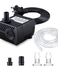 Ultra Quiet Submersible Fountain Pump 80 GPH for Pond or Aquarium includes 4.9 ft tubing, 3 nozzles, suction cups shown