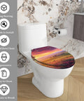 Elongated Slow Close Toilet Seat Farmhouse Style for Bathroom on a white toilet with a sunset design.