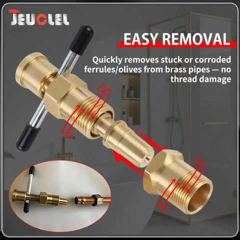 Olive Puller Tool For Brass Pipes Pro Grade Heavy Duty Pipe Olive Remover For NPT One Half And Three Quarter Inch Fittings Corrosion Resistant Ferrule Puller For Compression Sleeves Safe Locking Nut Removal in use with ferrule close-up