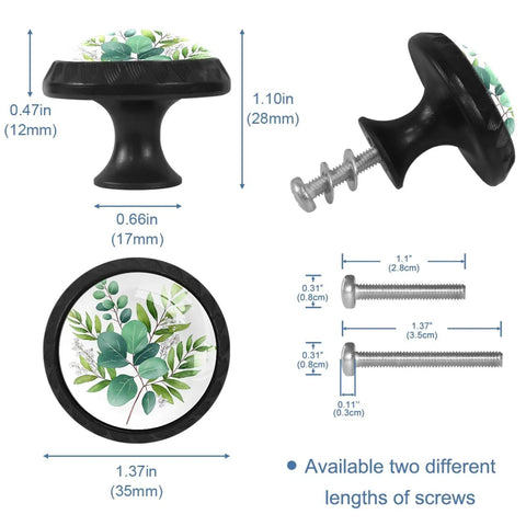 Set of 4 Sage Green Eucalyptus Leaves Drawer Knobs in Black Finish for Kitchen Cabinets and Bathrooms, showing dimensions and screws