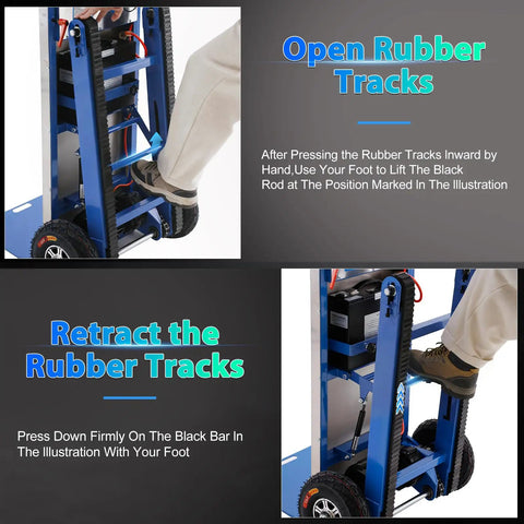 Electric Stair Climbing Dolly With 1250W Motor And 900 Lb Max Load Capacity, close-up showing rubber track operation instructions.