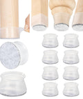 Clear Chair Leg Floor Protectors Set of 8 With Soft Silicone Pads and Felt Bottom for Hardwood Floors, showing rubber caps on chair legs