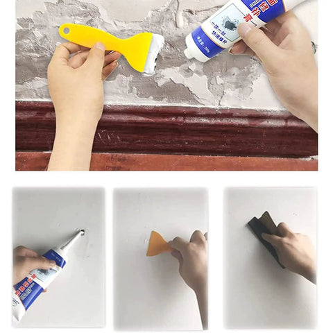 Pro Grade Drywall Repair Kit With Scraper And Mending Agent, Wall Patch Kit For Cracks And Holes application process showcased.