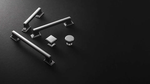 Chrome Square Cabinet Knobs 7 Pack One And Three Eighths Inch Width For Kitchen Drawers And Cabinet Doors Transitional Hardware Bundle By Belwith Keeler Slick Chrome Handles To Upgrade Your Kitchen Look arranged on black surface
