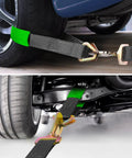 Heavy Duty Car Trailer Ratchet Tie Down Straps With Snap Hooks And Axle Loops 2 Inch Wide 8 Feet Long 10000lb Break Strength 4 Pack securing vehicle wheels.