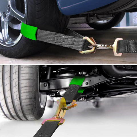 Heavy Duty Car Trailer Ratchet Tie Down Straps With Snap Hooks And Axle Loops 2 Inch Wide 8 Feet Long 10000lb Break Strength 4 Pack securing vehicle wheels.
