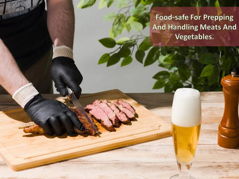 Person using BBQ Glove Set With Four Cotton Liners And One Hundred Black Nitrile Gloves For Grillin And Food Prep, Heat Resistant.