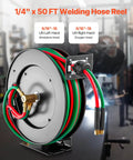 Auto-Rewind Welding Hose Reel For 1/4-Inch X 50-Foot Twin Oxygen Acetylene Rubber Hose Up To 300 PSI T Grade mounted on table