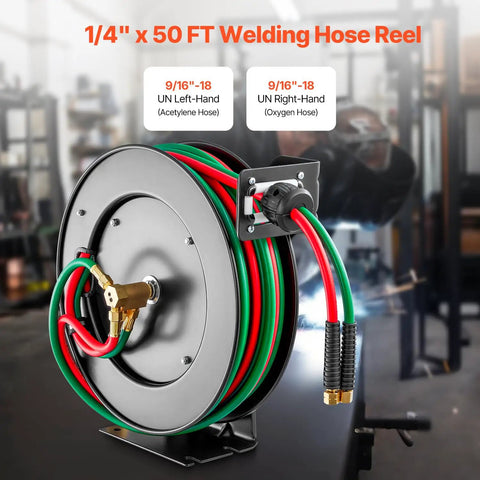Auto-Rewind Welding Hose Reel For 1/4-Inch X 50-Foot Twin Oxygen Acetylene Rubber Hose Up To 300 PSI T Grade mounted on table