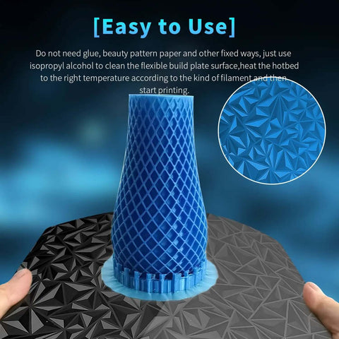 Close-up of Dual Sided PEI 300x300 Build Plate with Smooth and Textured Surfaces in use with 3D printed vase, showing textured side