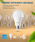 Energy efficiency LED bulb poster with 10W power and Energy Star certification; six bulbs and energy-saving details shown.