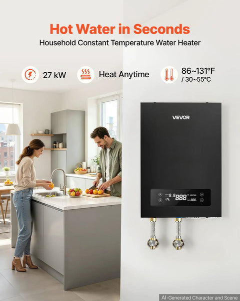 27kW Tankless Electric Water Heater 240V mounted under a kitchen sink for instant hot water on demand while cooking.